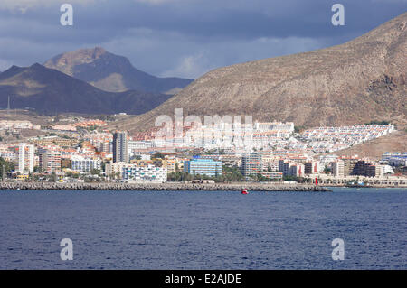 Spanien, Kanarische Inseln, Teneriffa, Gebäuden und Hotels in Playa de Las Americas und Los Cristianos Stockfoto