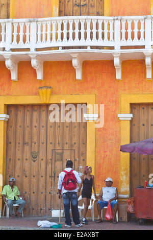 Bolivar-Abteilung, Kolumbien, Cartagena, aufgeführt als Weltkulturerbe von der UNESCO, Balkone und bunten Wänden, bezeugen von der Stockfoto