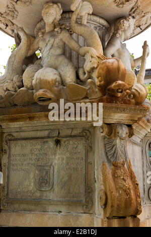 Frankreich, Aude, Carcassonne, Bastide Saint Louis (Unterstadt), Marmor Neptunbrunnen (18. Jh.) auf Carnot-Platz Stockfoto