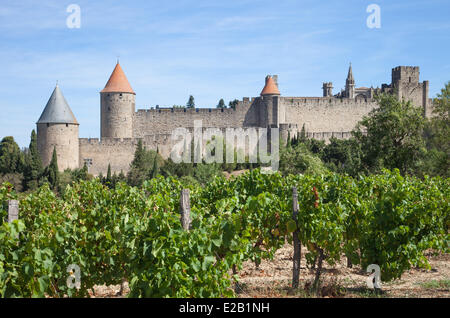 Frankreich, Aude, Carcassonne, mittelalterliche Stadt Weltkulturerbe der UNESCO, Blick auf die historische Stadt aus der Chemin des Stockfoto