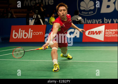 Jakarta, Indonesien. 18. Juni 2014. Kenichi Tago Japans kehrt den Federball zu Parupalli Kashyap Indiens in Runde 1 des BCA Indonesien Open 2014 im Istora Senayan Jakarta, Indonesien, 18. Juni 2014. Kenichi Tago gewann 2: 1. Bildnachweis: Veri Sanovri/Xinhua/Alamy Live-Nachrichten Stockfoto