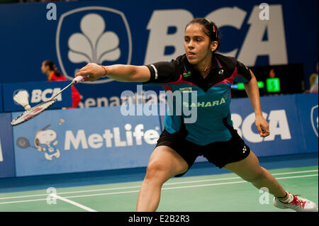 Jakarta, Indonesien. 18. Juni 2014. Saina Nehwal Indiens kehrt den Federball zu Porntip Buranaprasertsuk von Thailand während der Runde 1 des BCA Indonesien Open 2014 im Istora Senayan Jakarta, Indonesien, 18. Juni 2014. Saina Nehwal gewann 2: 0. Bildnachweis: Veri Sanovri/Xinhua/Alamy Live-Nachrichten Stockfoto