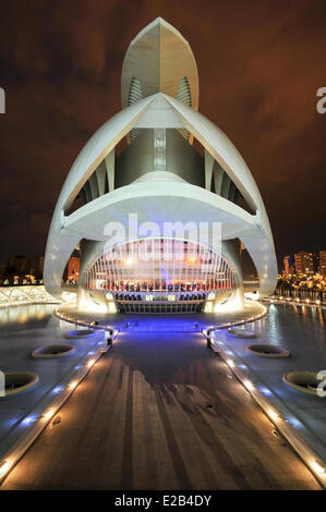 Spanien, Valencia, Stadt der Künste und Wissenschaften in Valencia, Palast der Künste Reina Sofia, der Architekt Santiago Calatavra bei Nacht Stockfoto