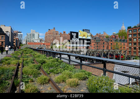 Vereinigte Staaten, New York City, Manhattan, Meatpacking District (Gansevoort Market), die High Line ist ein Park errichtet auf einem Abschnitt der ehemaligen erhöhte Fracht Eisenbahn Sporn; Das Empire State Building im Hintergrund Stockfoto