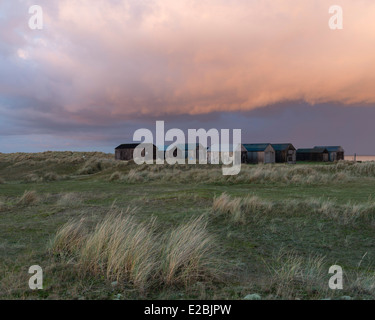 Einen Blick auf die Dünen und Fischerhütten am Winterton am Meer in Norfolk Stockfoto