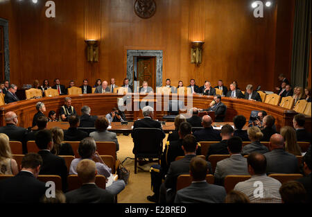 US-Verteidigungsminister Chuck Hagel vor dem Senat Subcommittee on US-Verteidigungsministerium auf Haushaltsvorschläge 18. Juni 2014 in Washington, DC bezeugt. Stockfoto