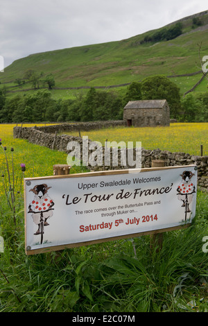 Banner auf der Route der Tour de France (Yorkshire) begrüßen die Besucher Swaledale, traditionelle Scheune & gelb blühende Wiese jenseits - England, UK. Stockfoto