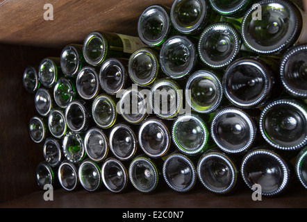 Böden der Weinflaschen in einem Regal des Weinkellers Stockfoto