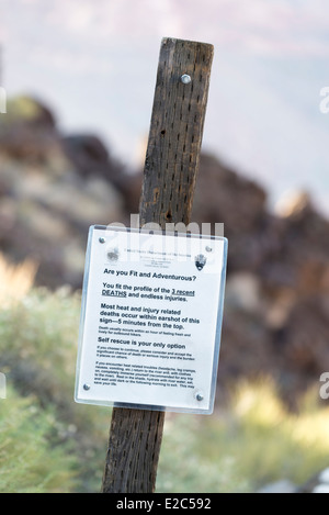 Beachten Sie Warnung Wanderer von Hitze und Verletzungen verursachten Todesfälle auf der Lava Falls Route in Grand Canyon Nationalpark in Arizona. Stockfoto