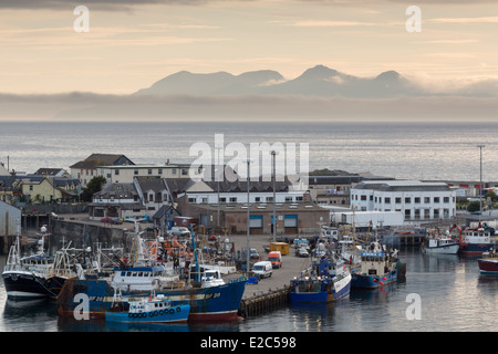 Mallaig Hafen und die Insel Rhum im Hochsommer Stockfoto