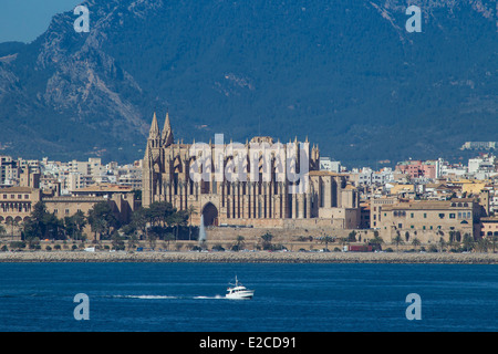 Die Kathedrale von Mallorca, Palma angesehen vom Meer entfernt. Stockfoto