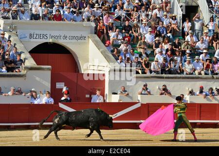 Frankreich, Herault, Beziers, jährliche Feria der Stadt, Stierkampf in Stierkampfarenen, Toreador vor Stier Stockfoto