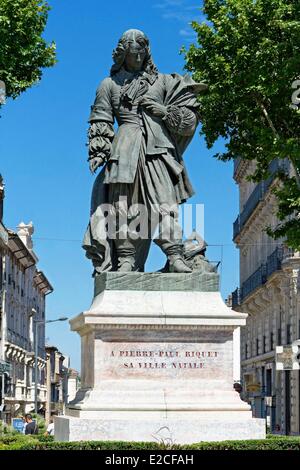 Frankreich, Herault, Beziers, Paul Riquet Weg, Statue von Pierre Paul Riquet Designer und Direktor des Canal du Midi als Weltkulturerbe der UNESCO aufgeführt Stockfoto