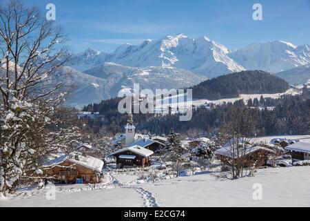 Frankreich, Haute Savoie, Cordon, de Assomption Kirche Notre-Dame, Blick auf den Mont Blanc (4810m) und das massiv Stockfoto