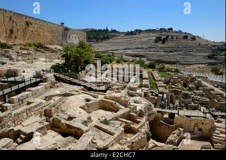 Israel, Jerusalem, die Heilige Stadt, die Altstadt als Weltkulturerbe der UNESCO, dem Tempelberg gesehen vom Davidson Center Süd Stützmauer des Tempels von Herodes dem großen und dem Ölberg im Hintergrund gebaut aufgeführt Stockfoto