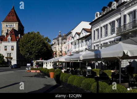 Schweiz, Kanton Waadt, Lausanne Ouchy Bezirk des Lac Leman, England Residenz Palasthotel auf dem Quai de Belgien, Gauce Schloss Ouchy Stockfoto