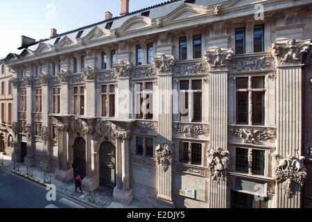 Frankreich, Haute Garonne, Toulouse, Hotel de Pierre Mansion Haus auch als Hotel de Clary oder Hotel de Bagis, Detail der Fassade, Rue De La Dalbade Stockfoto