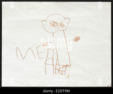 Ursprüngliche Kind Zeichnung von einem Braunbären, gezeichnet von einem fünf-jährigen Mädchen. Inschrift in russischer Sprache: der Bär. Stockfoto