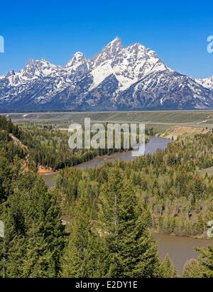 Vereinigten Staaten Wyoming Grand Teton Nationalpark des Snake River und Teton Range aus dem Snake River Overlook Stockfoto