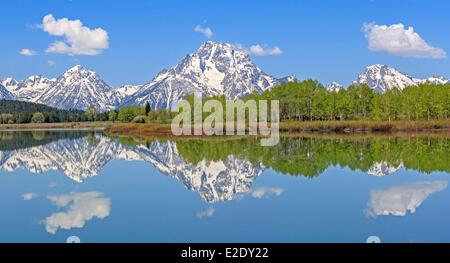 Vereinigte Staaten Wyoming Grand Teton Nationalpark, der Snake River und die Teton Range mit Mount Moran von Oxbow Bend Stockfoto