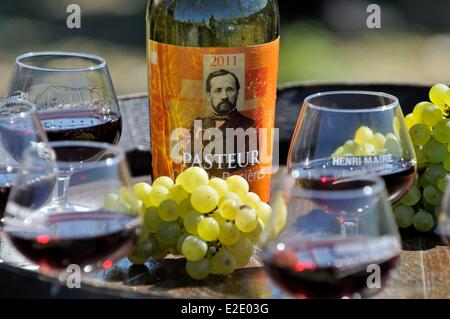 Frankreich-Jura-Montigny Les Arsures Pasteur Trauben Weinlese mit dem entstehen des Sciences Flaschen und Gläser Wein aus Stockfoto