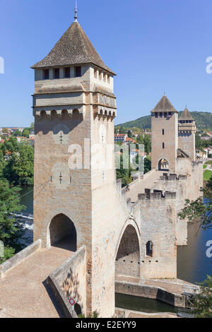 Frankreich, Lot, Cahors, die Valentre Brücke, befestigte Brücke vom 14. Jahrhundert, von der UNESCO als Welterbe gelistet Stockfoto