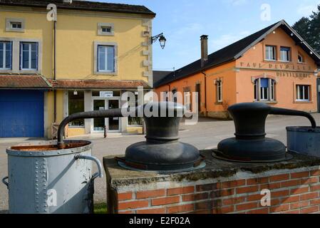 Frankreich, Haute Saone, Fougerolles, Paul Devoille Brennerei, alte Standbilder in der Destillerie Stockfoto