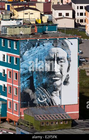 Russland Tschukotka autonomen Bezirk Anadyr Headtown der Bezirk Gebäude bemalt oder verziert mit Farbbildern Eskimo Stockfoto