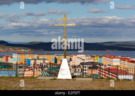 Russland-Tschukotka autonomen Bezirk Anadyr Headtown der Bezirk Gebäude bemalt oder verziert mit Farbbildern orthodoxen Stockfoto