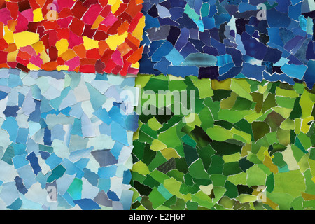 Grüne und blaue und rote Textur aus vielen zerrissenes Papier hergestellt Stockfoto