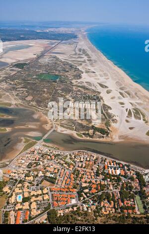 Frankreich, Aude, Corbieres, Leucate La Franqui, Plage des Coussoules beach (Luftbild) Stockfoto