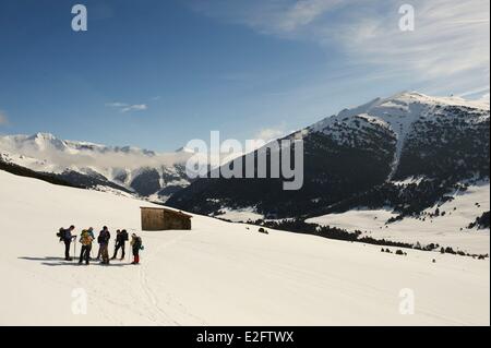 Spanien-Katalonien-Lleida Provinz Grafschaft Segria Val d ' Aran Baqueira Beret Pedescaus Schneeschuhwandern und und Abstieg auf Air Board Stockfoto
