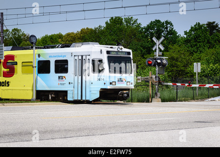 Baltimore Light Rail Fahrzeug am BWI, Hunt Valley Line, BWI Station, Maryland Stockfoto