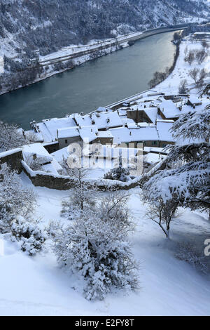 Frankreich Alpes de Haute Provence Sisteron die Stadt unter dem Schnee von der Zitadelle der Durance Fluß Stockfoto