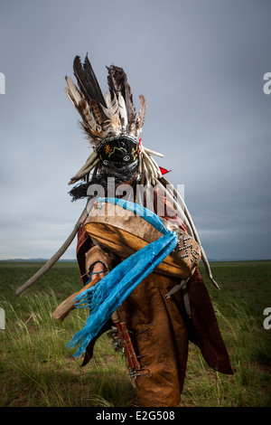 Porträt des mongolischen Schamanen, Khuduu aral, Khentii Provinz, Mongolei Stockfoto