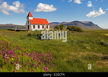 Islands Westfjorde Vestfirðir Region Baroastrond Hagi Kirche Stockfoto