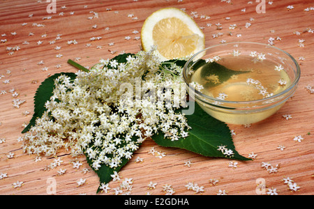 Gesundheit-Sirup aus Holunder Blüten auf einem Holztisch Stockfoto