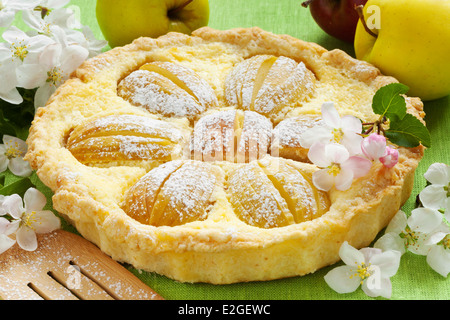 Apfelkuchen, Apfel Frucht und Blüte Ast am Küchentisch Stockfoto