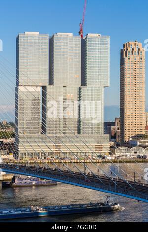 Niederlande Südholland Rotterdam Southbank Gebiet entlang der Nieuwe Maas mit Gebäude, entworfen vom holländischen Architekten Rem Koolhaas (OMA) namens De Rotterdam (2014) und Erasmus-Brücke (Erasmusbrücke) 1996 im Vordergrund Stockfoto