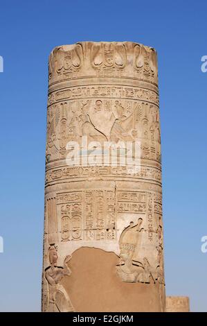 Ägypten Oberägypten Kom Ombo Tempel zwei Göttern geweiht: Falcon Gott Haroeris oder Horus alt und Krokodil Gott Sobek Säule mit farbigen Low Reliefs aus Haroeris Stockfoto