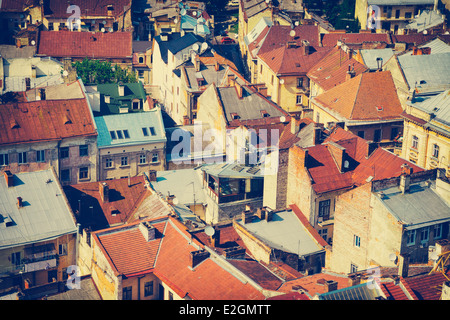 Luftaufnahme der Stadt Lvov, Ukraine, stilisierte Vintage Foto Stockfoto