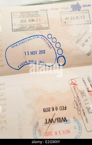 Cook-Inseln Aitutaki Insel Stempel der One Foot Island Atoll genannt auch Tapuaetai auf einem Pass Stockfoto