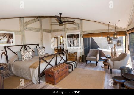 Botswana North West District Okavango Delta Abu Lodge Luxus-Bungalows-Zimmer Stockfoto