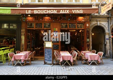 Frankreich Rhone Lyon historische Stätte Weltkulturerbe von UNESCO Cordeliers Bezirk Merciere Straße Le Bouchon Aux Vins obligatorische MentionáLe Bouchon Aux Vins Stockfoto