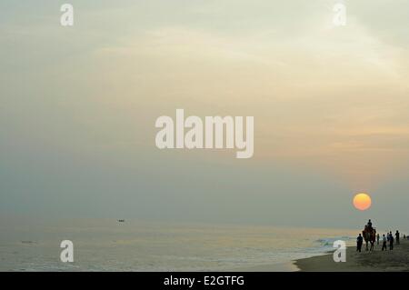 Indien Odisha Zustand Puri Sonnenuntergang mit Kamel am Strand Stockfoto