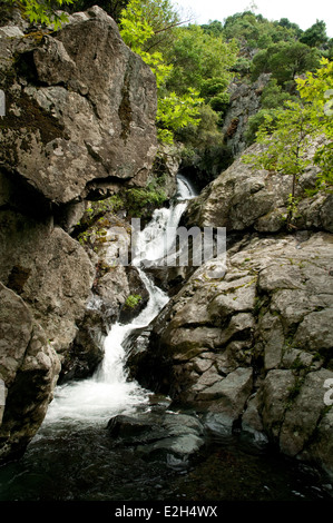 Ein Wasserfall auf der Quelle gespeist Fonias River, auf der nordgriechischen Insel Samothraki, in der nördlichen Ägäis, Thrakien, Griechenland. Stockfoto