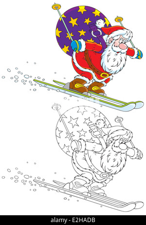 Santa Ski mit Weihnachtsgeschenken Stockfoto