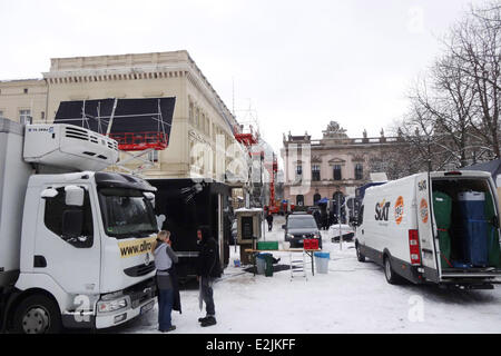 Die Atmosphäre am Set des Films The Monuments Men am Palais bin Festungsgraben.  Wo: Berlin, Deutschland bei: 20. März 2013 Stockfoto