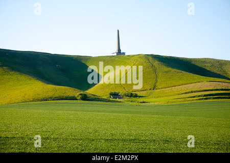 Lansdowne Monument Obelisk auf der Kreide Böschung Piste von Cherhill Downs, Cherhill, Wiltshire, England Stockfoto