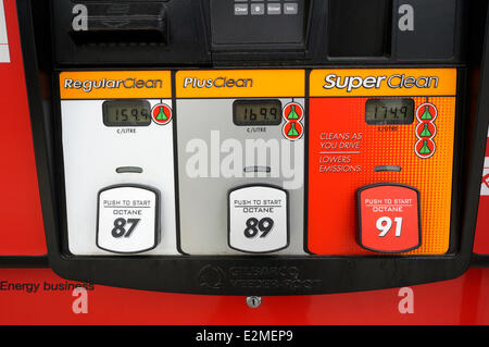 Nahaufnahme eines Benzin pumpe bei einem petro-canada Tankstelle mit Erdgas die Preise pro Liter und Oktan, Vancouver, British Columbia, Kanada Stockfoto